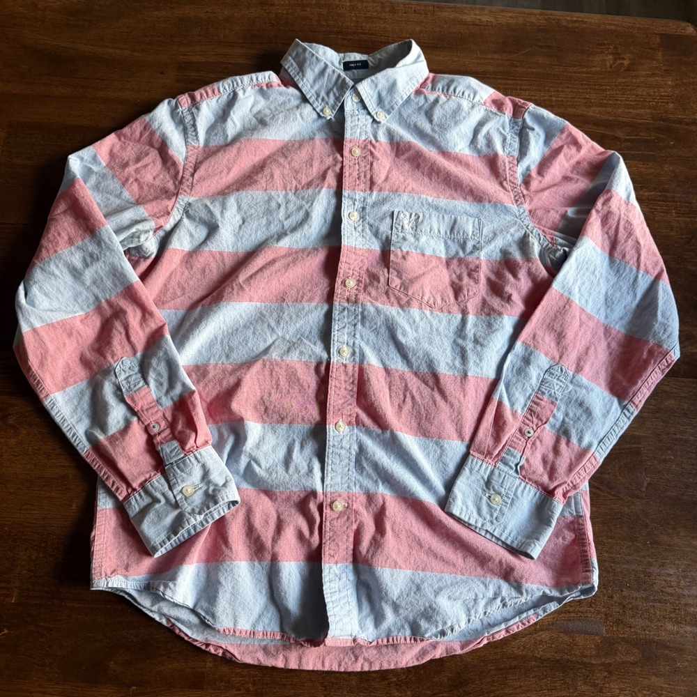 American Eagle Prep Fit Striped Button Down Shirt Mens M Pink Blue Baby Shower